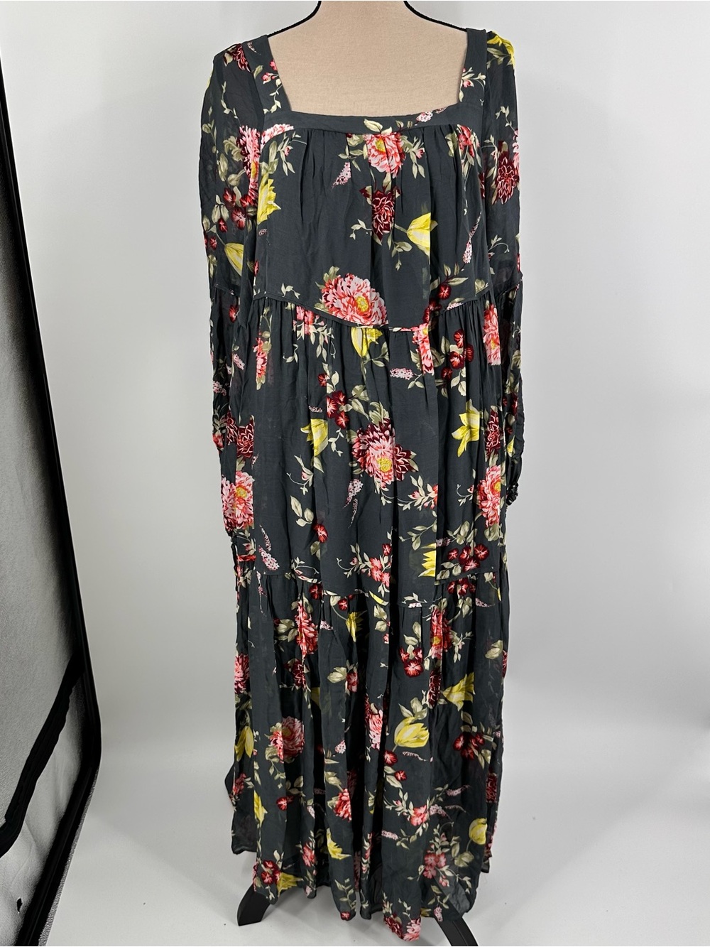 Anthropologie Black Floral Maxi Dress with Pink and Yellow Accents